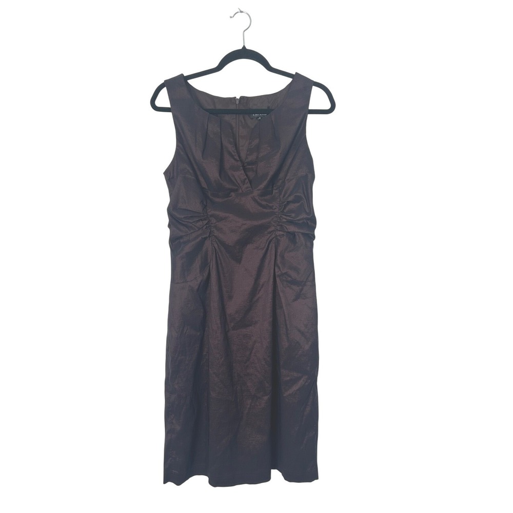 Adrianna Papell Cocktail Dress Size 14 Dark Brown Sleeveless Satin V-Neck Ruched